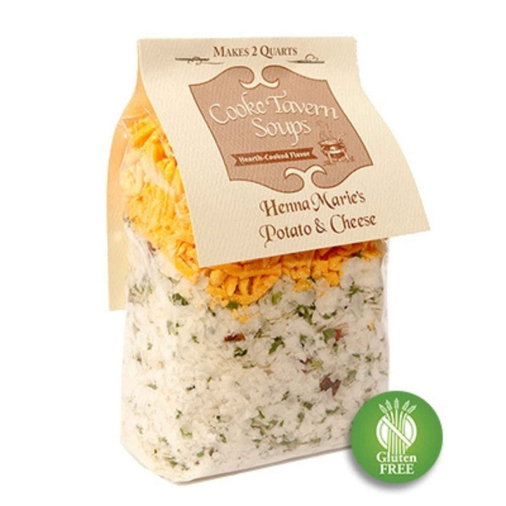 Package of Henna Marie's Potato & Cheese soup with Cookie Tavern Soaps branding on a white background.