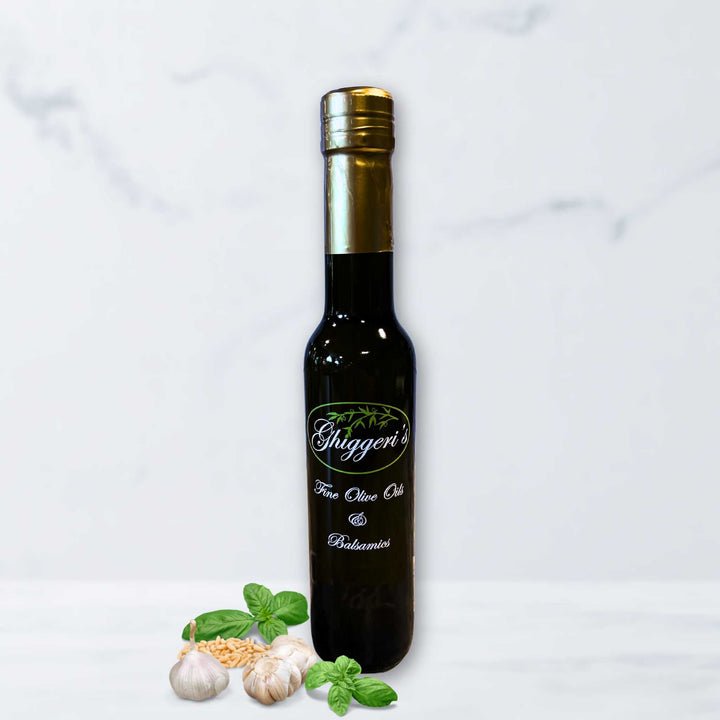 Spicy Calabrian Pesto Olive Oil with chili peppers, basil, and garlic
