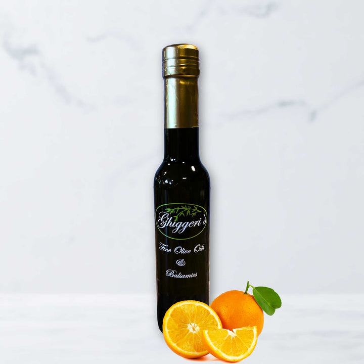 Sweet Valencia Orange Olive Oil with citrus zest and golden hues
