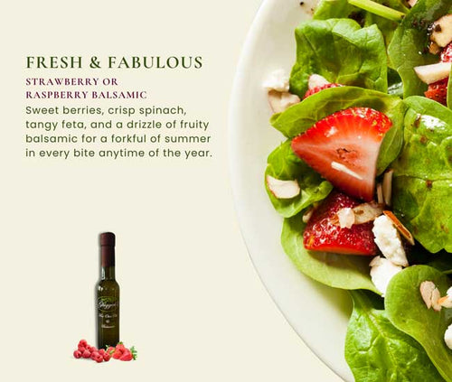 Salad with strawberries and balsamic dressing on a white plate, with text describing the salad.
