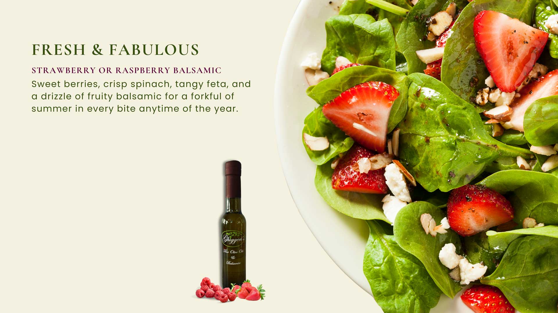 Spinach salad with fresh strawberries, feta, and a drizzle of fruity balsamic.