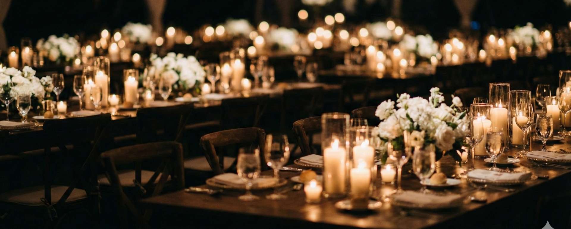 Warm and romantic candlelit wedding reception table setting, illustrating the perfect elegant atmosphere for Ghiggeris olive oil wedding favors