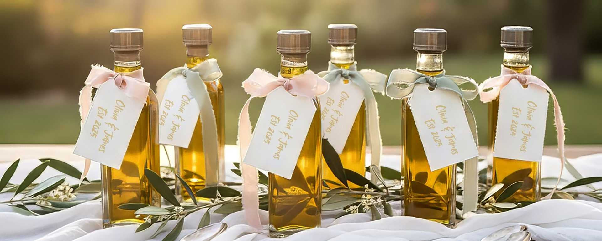 Mini olive oil wedding favor bottles at each place setting on a reception table at Ghiggeri’s Fine Olive Oils & Balsamics.
