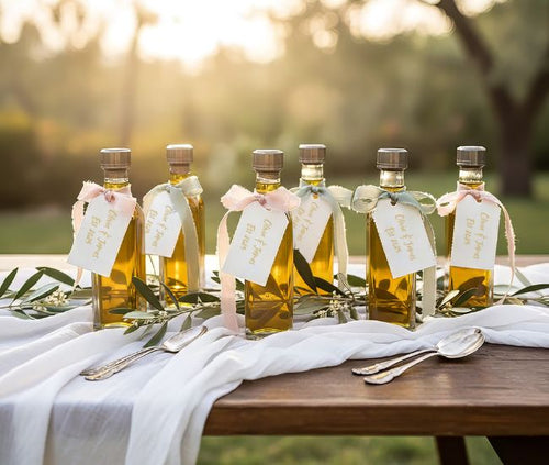 Mini olive oil wedding favor bottles with personalized tags on a reception table at Ghiggeri’s Fine Olive Oils & Balsamics.