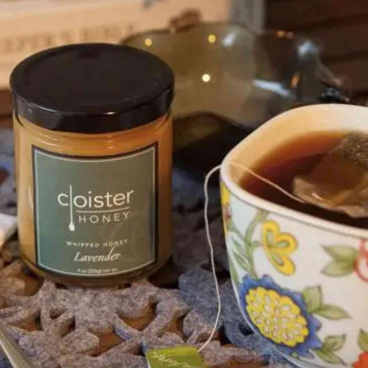 Soft lavender-hued whipped honey in a jar, infused with lavender.