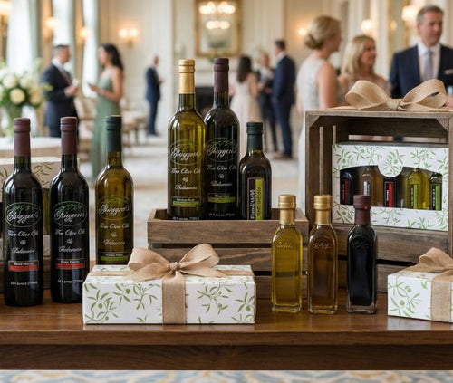 Elegant wooden gift crates featuring ultra-premium olive oils and balsamics, perfect for VIP client gifts
