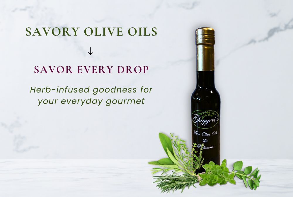 Bottle of olive oil with herbs on a marble background, featuring text about savory olive oils.