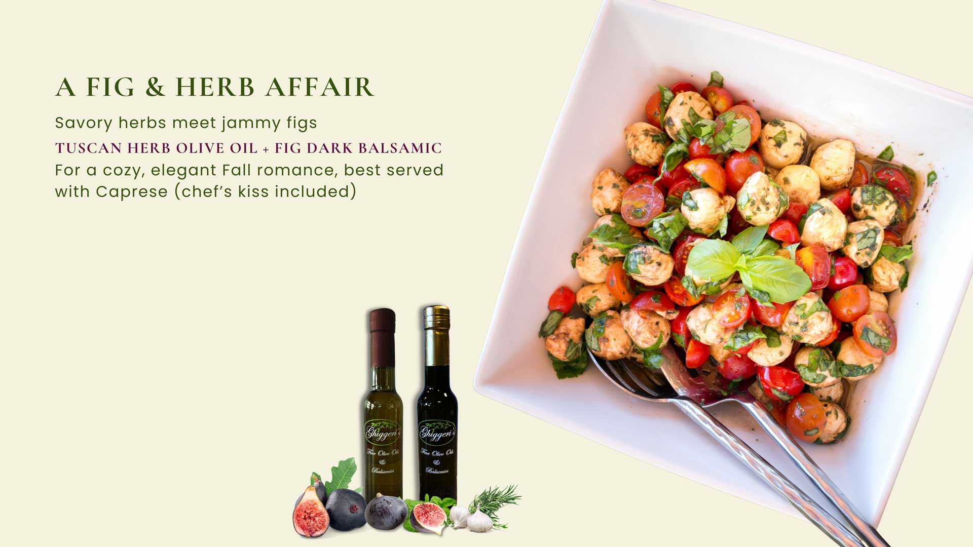 Salad with figs and herbs on a plate, accompanied by olive oil bottles, on a light background.