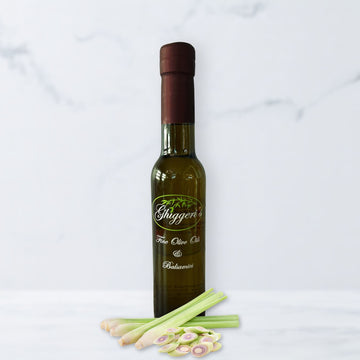 Bright Thai lemongrass mint white balsamic vinegar bottle with mint leaves and lemongrass

