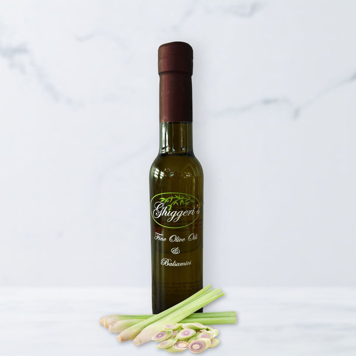 Bright Thai lemongrass mint white balsamic vinegar bottle with mint leaves and lemongrass

