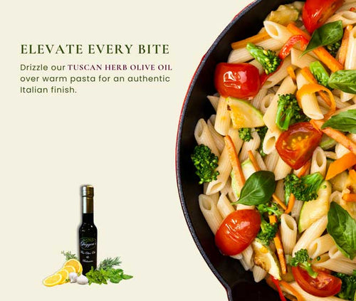 Pasta dish with vegetables and Tuscan herb olive oil bottle on a light background